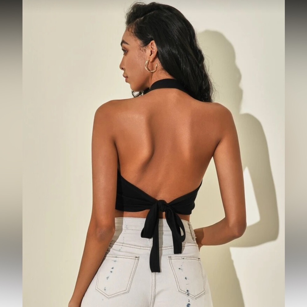 Black Halter Backless Crop Top
